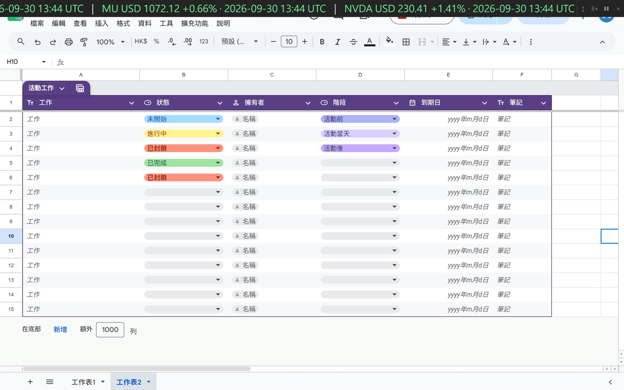 Snake King showing scrolling stock quotes with prices, daily changes and timestamps above a Google Sheets tab